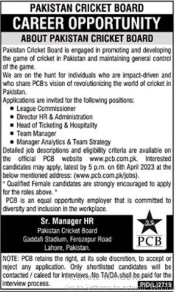 PCB Pakistan cricket board jobs 2023 advertisement