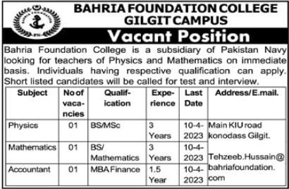 Bahria Foundation College Job advertisement 